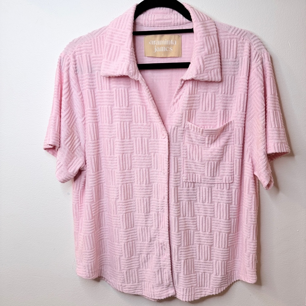 Arminita James Pink Rattan Terry Textured Women's Button Down Shirt Size M